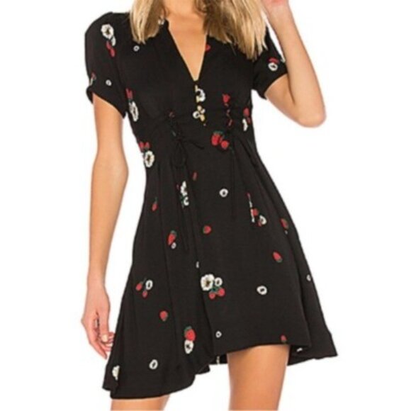 Free People Dream Girl Black Strawberry Print Mini Dress - Picture 1 of 10